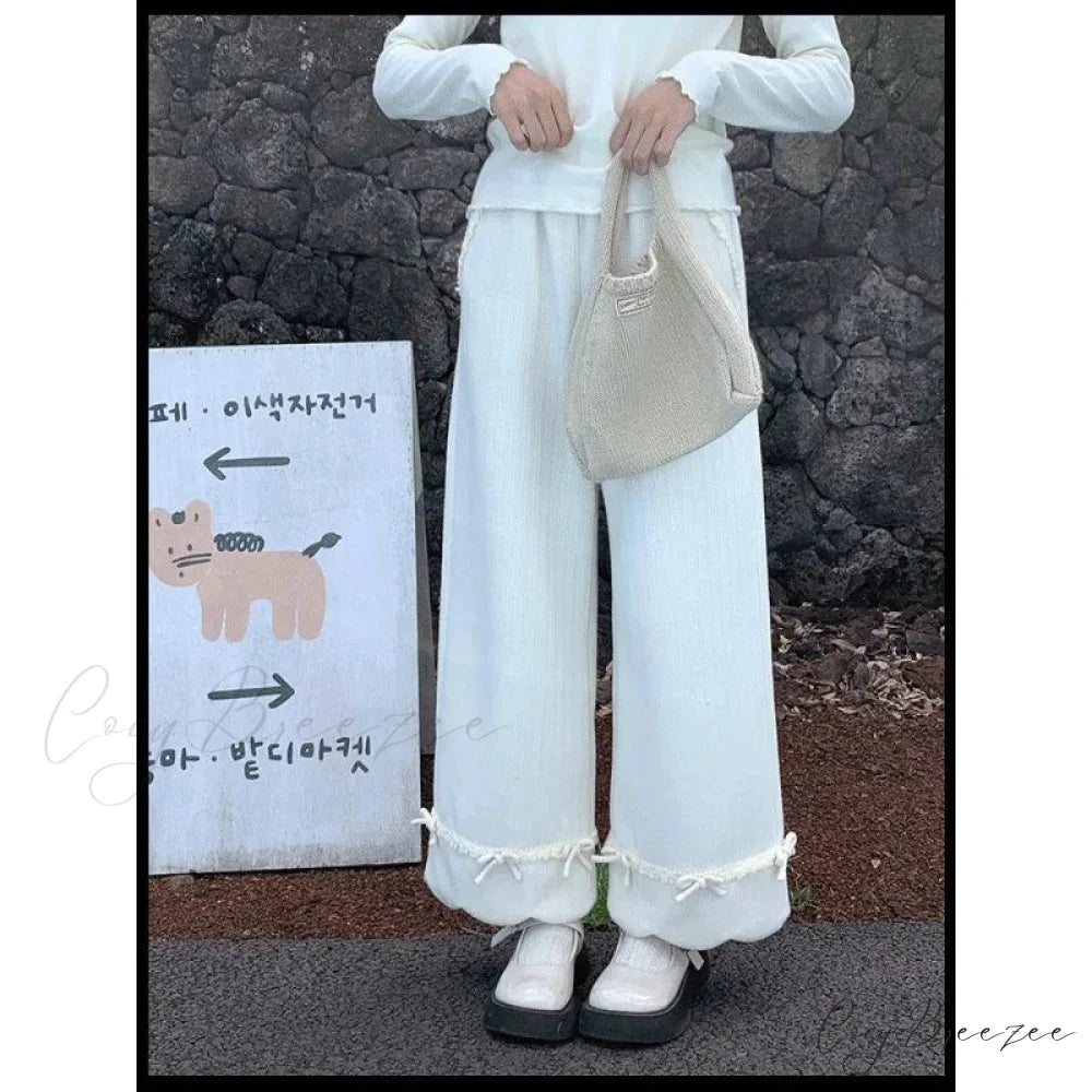 Bow Lace Corduroy Wide Leg Pants pants-241228