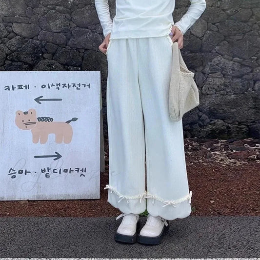 Bow Lace Corduroy Wide Leg Pants White / S pants-241228