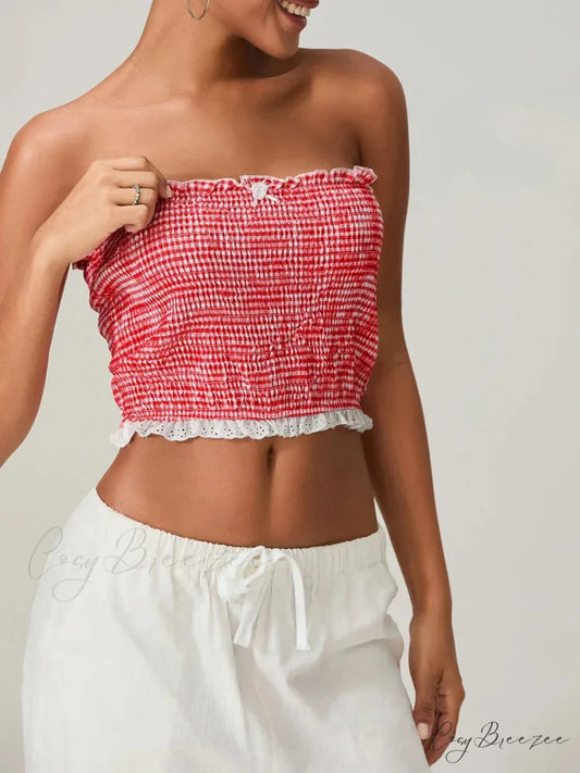 Bow Lace Smocked Strapless Backless Crop Bandeau Top croptop-250126