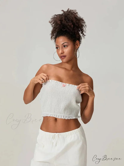 Bow Lace Smocked Strapless Backless Crop Bandeau Top croptop-250126