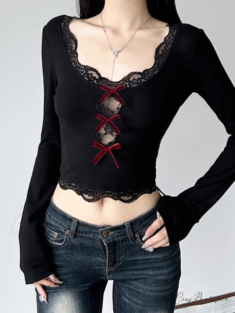 Bow Lace Trim Hollow Out Slim V-Neck Cropped Long Sleeve Knit Top knittop-250126