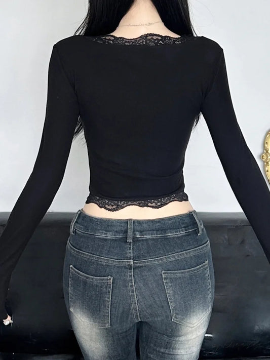 Bow Lace Trim Hollow Out Slim V-Neck Cropped Long Sleeve Knit Top knittop-250126