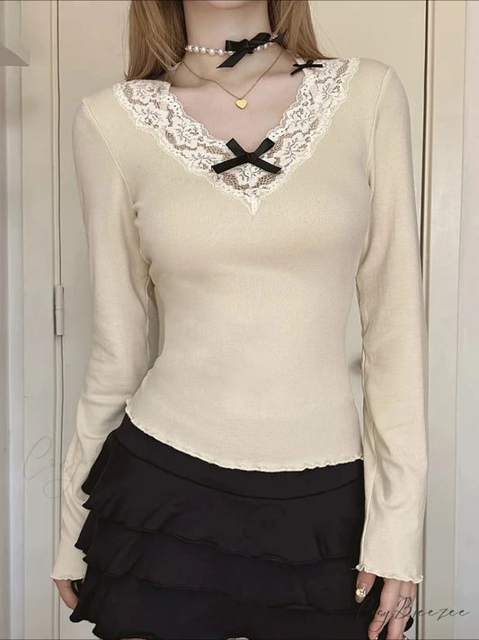 Bow Patchwork Lace Trim Halter V-Neck Long Sleeve Knit Top Khaki / S knittop-250126