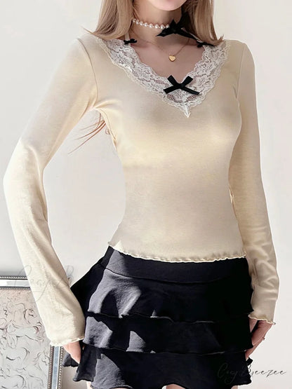 Bow Patchwork Lace Trim Halter V-Neck Long Sleeve Knit Top knittop-250126