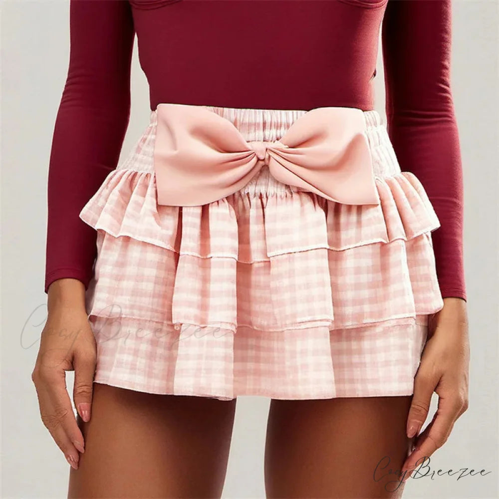 Bow Plaid Bloomers Skirt Pink / S skirts-250223