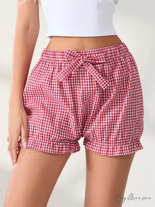 Bow Plaid Dots Bloomer Shorts red / S short-250223