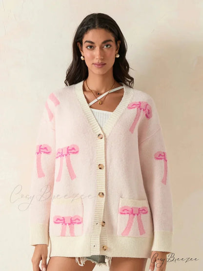 Bow Print Button Cardigan