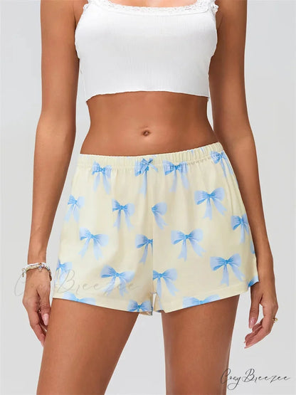 Bow Print Elastic Sleep Shorts white / S short-250223