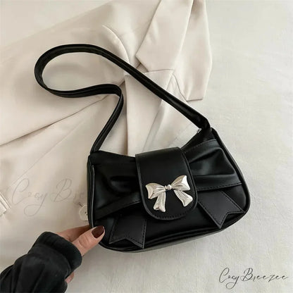 Bow PU Leather Casual Handbag Black shoulder-250126