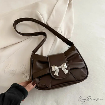 Bow PU Leather Casual Handbag Brown shoulder-250126