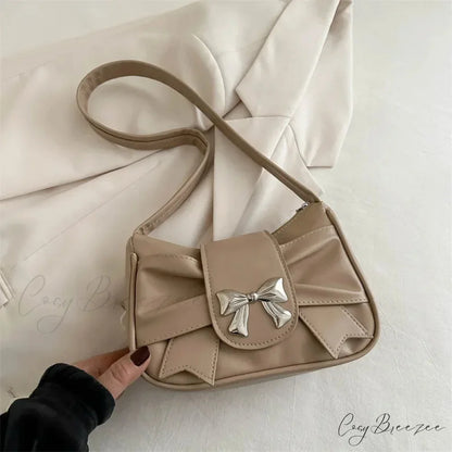 Bow PU Leather Casual Handbag Khaki shoulder-250126