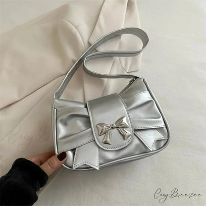 Bow PU Leather Casual Handbag Silver shoulder-250126