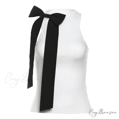 Bow Round Stylish Neck Sleeveless Top WHITE / L