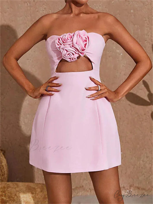Bow Square-Neck Mini Dress Pink / S minidress-250223