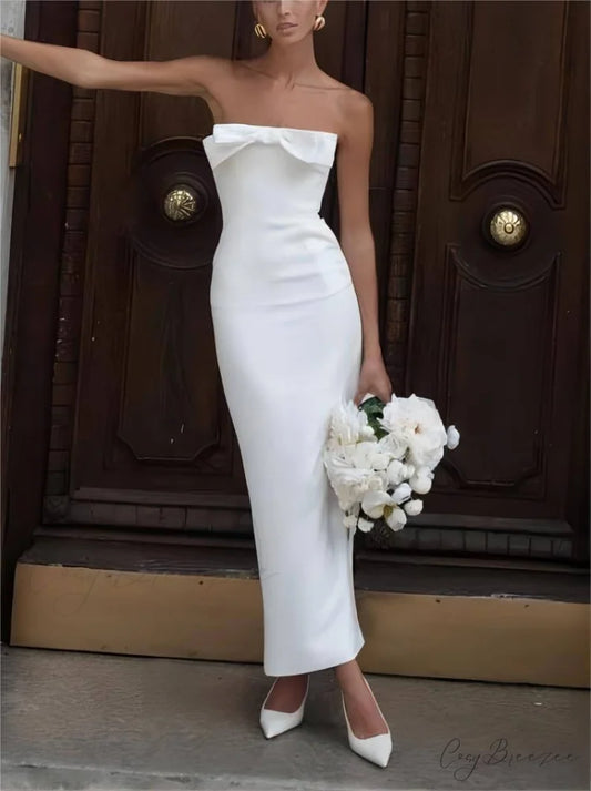 Bow Strapless Stylish Midi Dress White / S