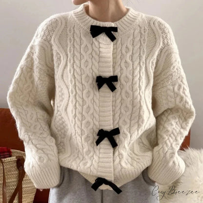 Bow Sweater Autumn Winter Knit Cardigan Beige / One Size