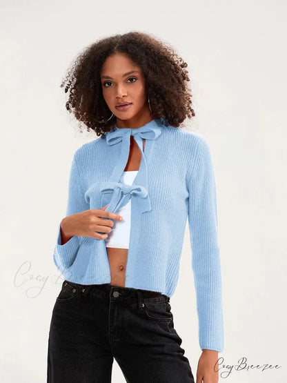 Bow Tie Front Crew Neck Knit Cardigan blue / S cardigans-241228