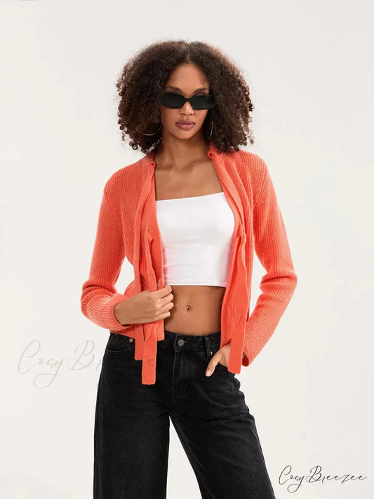 Bow Tie Front Crew Neck Knit Cardigan cardigans-241228
