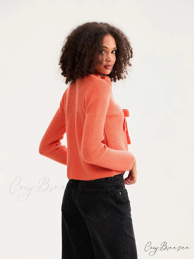 Bow Tie Front Crew Neck Knit Cardigan cardigans-241228