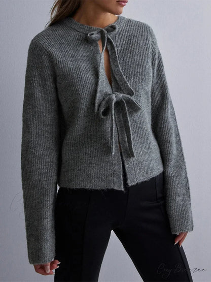 Bow Tie Front Crew Neck Knit Cardigan darkgrey / S cardigans-241228