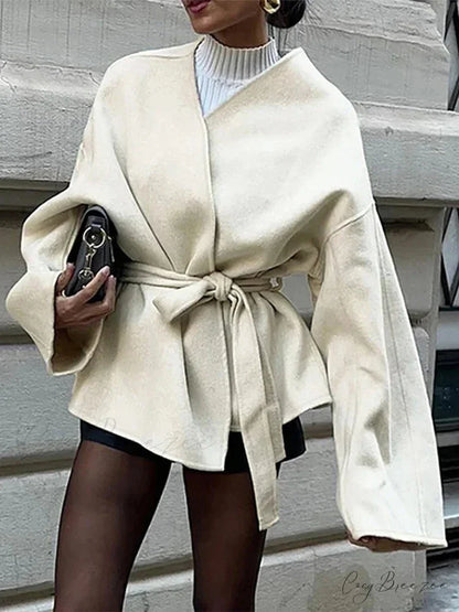 Bow Tie Lace-Up V-Neck Belted Coat overcoats-241228