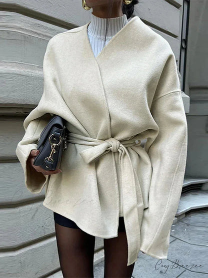 Bow Tie Lace-Up V-Neck Belted Coat overcoats-241228