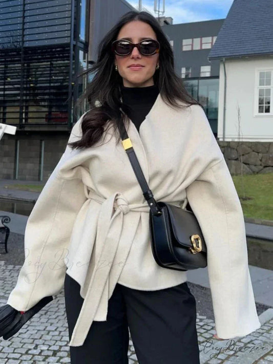 Bow Tie Lace-Up V-Neck Belted Coat white / S overcoats-241228