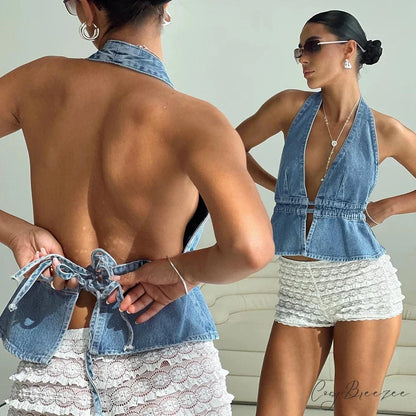Bow Tie-Up Denim Crop Top croptop-250223