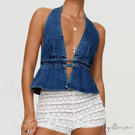 Bow Tie-Up Denim Crop Top DEEP BLUE / S croptop-250223
