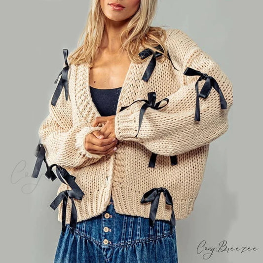 Bow Trim Button Down Cardigan beige / S