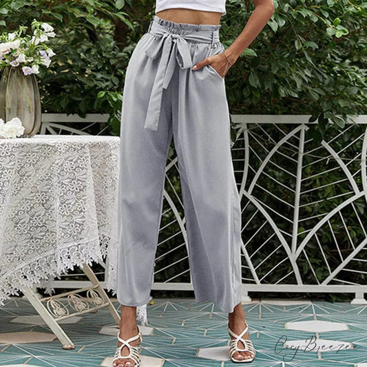 Bow Waistband Pleated Cotton Linen Pants white / S pants-241228