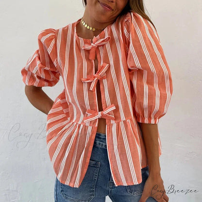 Bowknot Front Hollow Out Vintage Ruffles Puff Sleeve Elegant Sweet Y2K Crop Top Orange / S croptop-250126