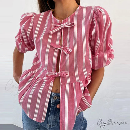 Bowknot Front Hollow Out Vintage Ruffles Puff Sleeve Elegant Sweet Y2K Crop Top Pink / S croptop-250126