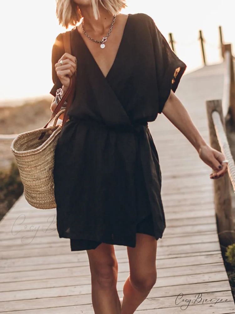 Breezy Leisure Pocketed Charming Belt Kimono Mini Dress Black / One Size