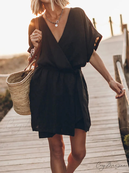 Breezy Leisure Pocketed Charming Belt Kimono Mini Dress Black / One Size