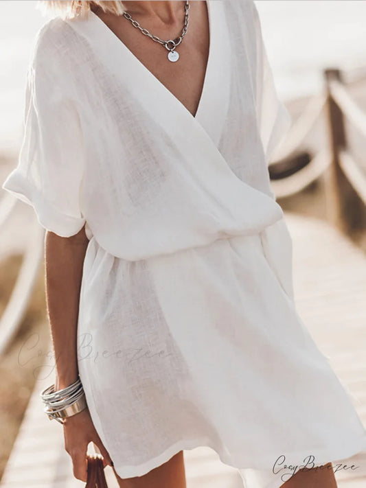 Breezy Leisure Pocketed Charming Belt Kimono Mini Dress White / One Size