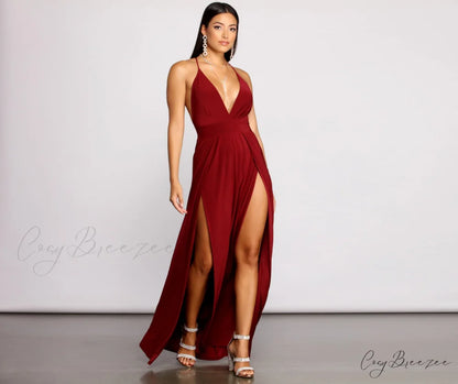 Brie Double Slit Charming A-Line Formal Dress BURGUNDY / S