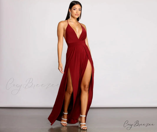 Brie Double Slit Charming A-Line Formal Dress BURGUNDY / S