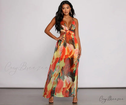 Brighter Vibes Lace-Up Charming Chiffon Maxi Dress MULTI / XS