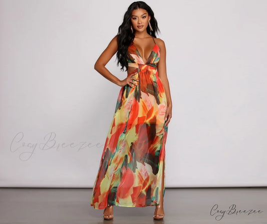 Brighter Vibes Lace-Up Charming Chiffon Maxi Dress MULTI / XS