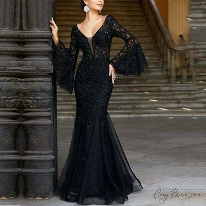 Brooke Lace V Charming Neck Formal Dress BLACK / S