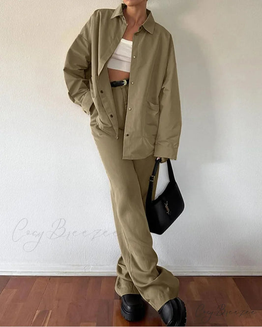 Brown Cotton High Waist Trousers Office Set Brown / S officetwopieceset-250223