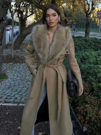 Brown Fluffy Faux Fur Relaxed Coat khaki / S overcoats-241228