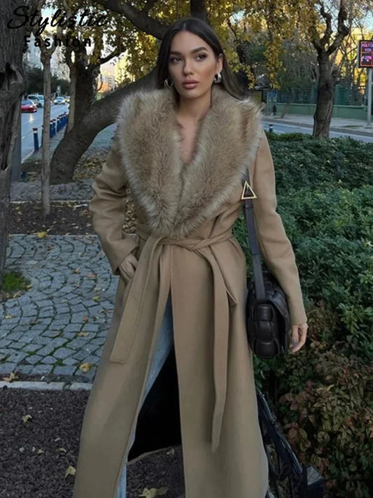 Brown Fluffy Faux Fur Relaxed Coat khaki / S overcoats-241228