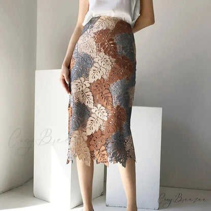 Brown Lace Midi Pencil Skirt Bi-material Zipper Long Floral Skirt skirt-250126