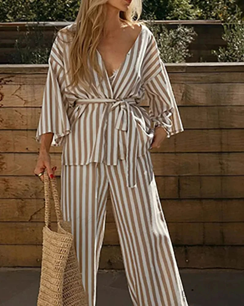 Brown Print V-Neck Drawstring Pants Office Set officetwopieceset-250223