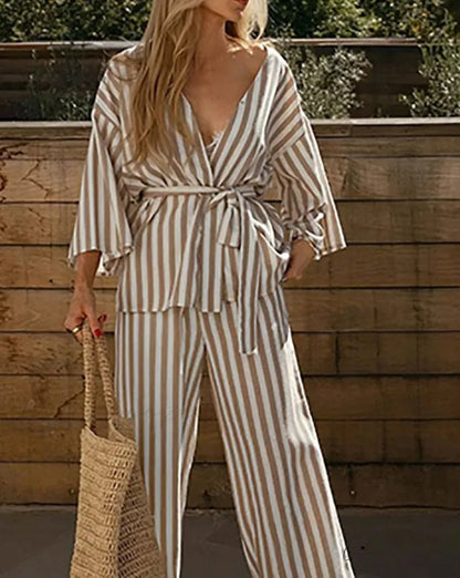 Brown Print V-Neck Drawstring Pants Office Set officetwopieceset-250223