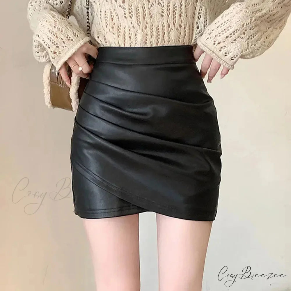 Brown PU Leather Fitted Skirt skirts-250223
