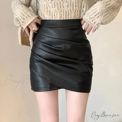 Brown PU Leather Fitted Skirt skirts-250223