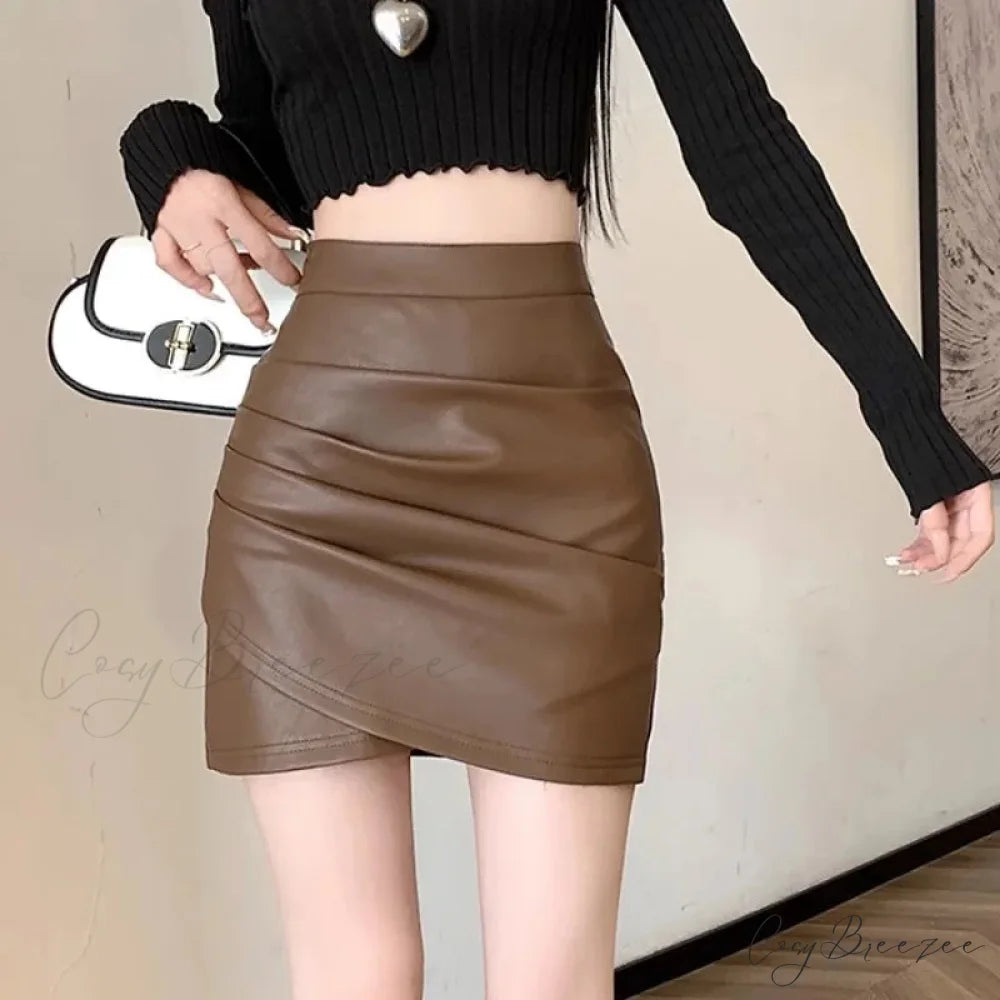 Brown PU Leather Fitted Skirt skirts-250223